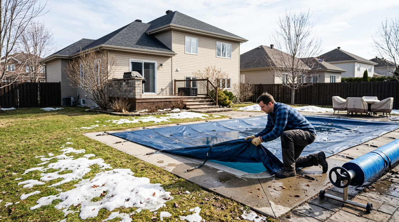 Québec residential pool being opened in early spring with winter cover removal
