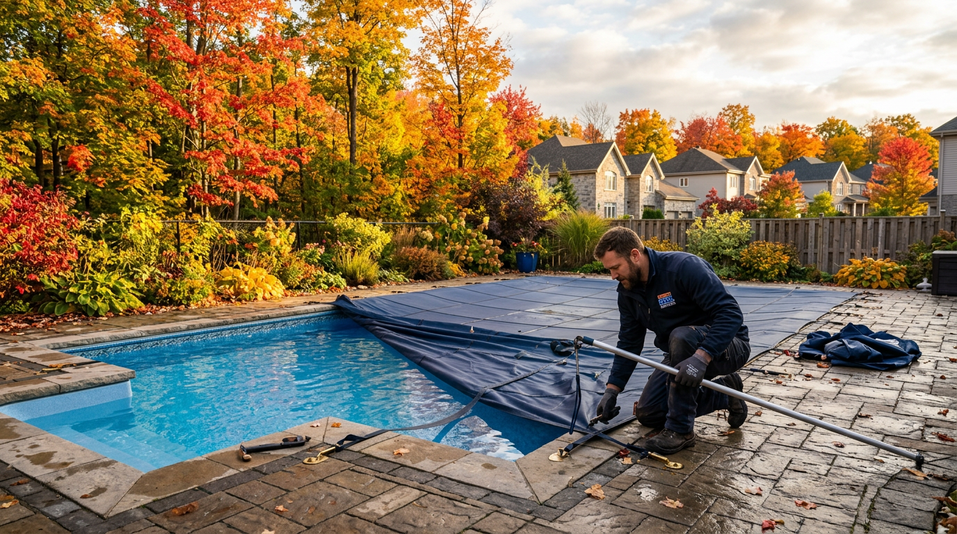 Winter pool cover on Quebec residential swimming pool with autumn leaves