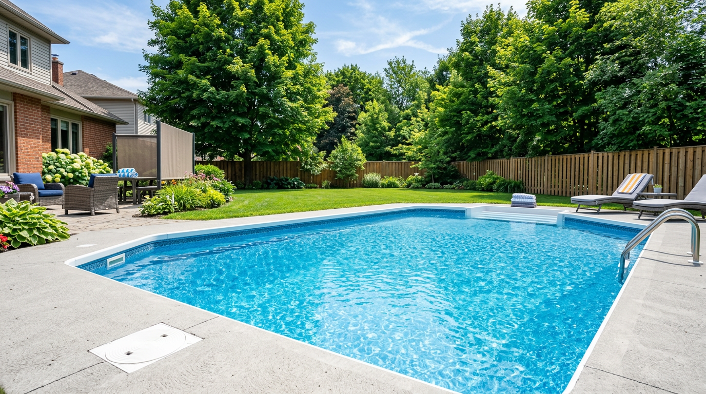 Clean residential swimming pool in Québec backyard with maintenance equipment