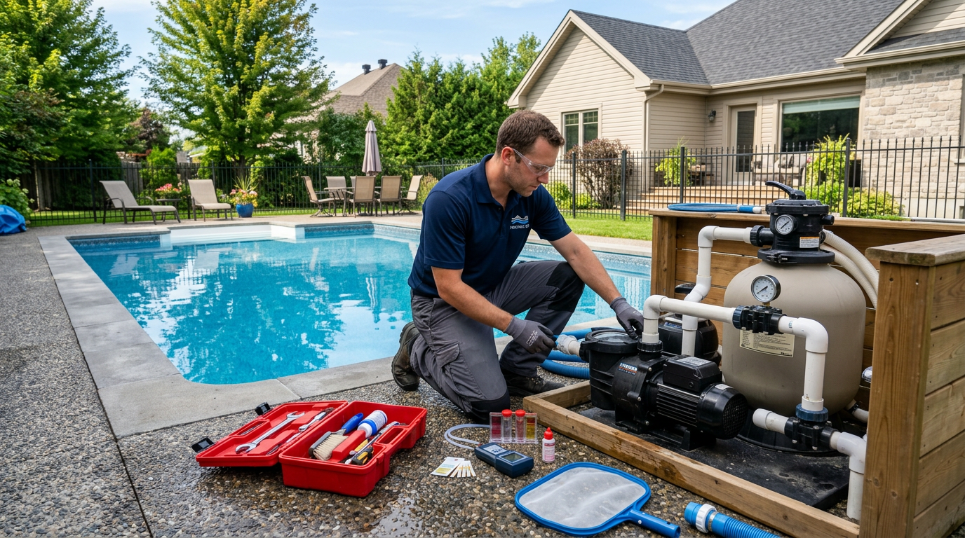 Pool technician inspecting pump and filter equipment beside residential pool in Québec