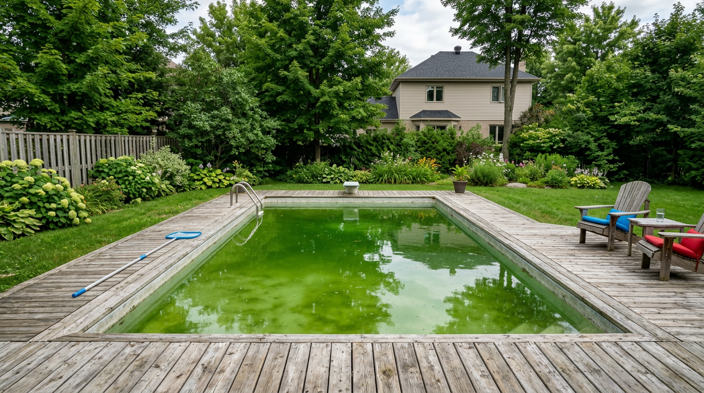 Green pool water in a Québec residential backyard swimming pool
