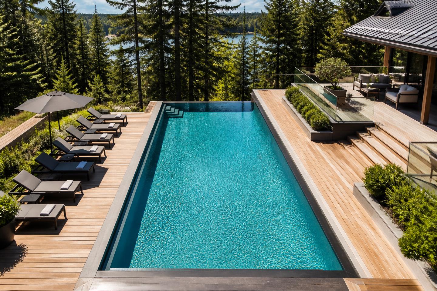 A pristine turquoise swimming pool surrounded by Canadian greenery on a sunny summer day